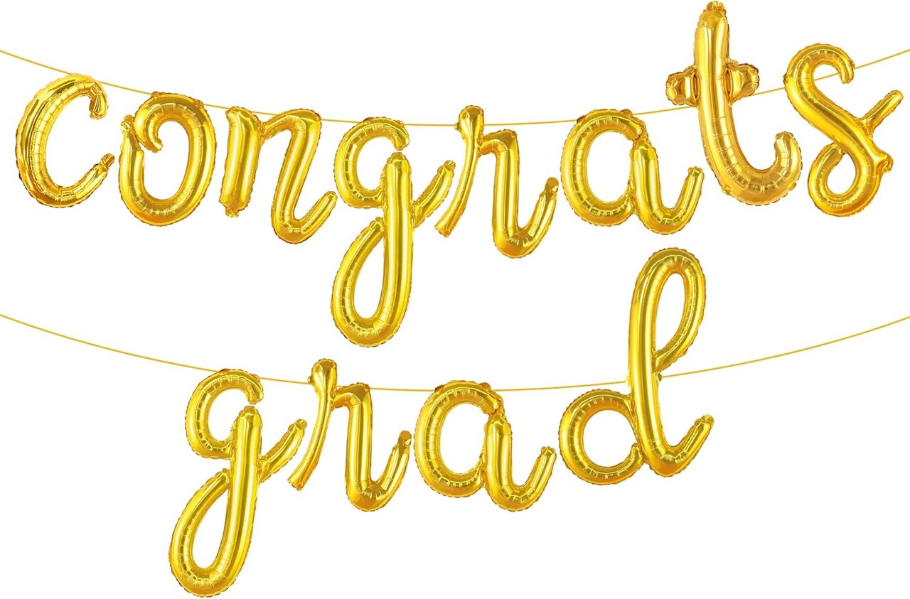 Graduation Party Balloons – 16” Gold “Congrats Grad” Script Banner Foil Balloon Set for Class of 2026 Graduation Decorations